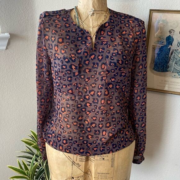 Blue Rain Francescas Orange Blue Brown Leopard Print Sheer Blouse sz S Career - Picture 1 of 9